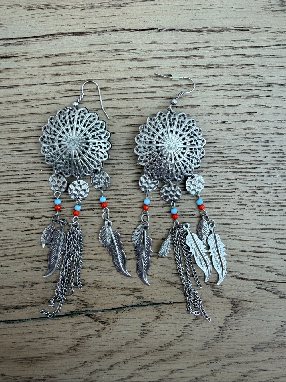 Silver-Tone Boho Feather Dangle Earrings with Red & Turquoise Beads